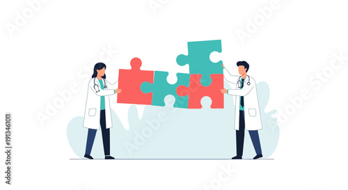 Medical Teamwork: Doctors Connecting Puzzle Pieces. Healthcare Collaboration, Problem Solving, and Integrated Diagnosis Solution.