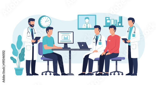 Healthcare Team Consultation: Doctors and Patients Meeting in a Clinic Office for Diagnosis and Treatment Planning. Vector Illustration.