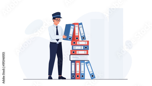 Officer Organizing Stack of Document Binders