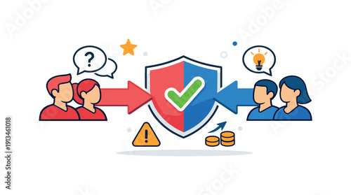 Red team thinking and constructive challenge inside teams, two opposing arrows meeting at a neutral shield representing healthy debate, risk reduction, and stronger outcomes.