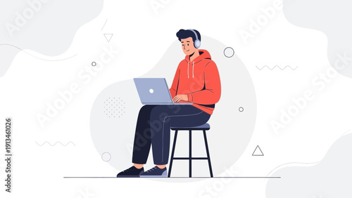 Young man with headphones working on laptop, listening to music, illustration