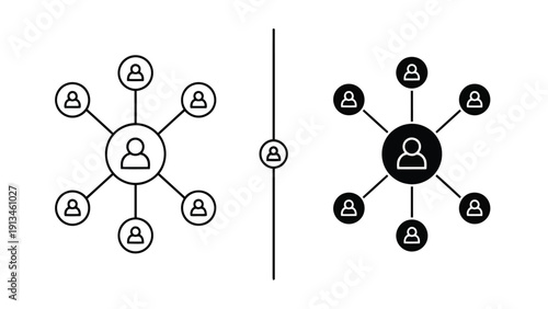 Two contrasting network diagrams display varying degrees of connection and centralized control high quality