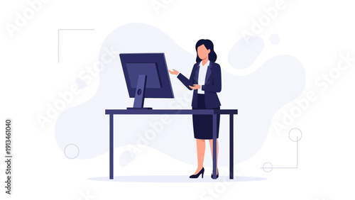 Businesswoman presenting on a large monitor at a standing desk, modern office illustration.