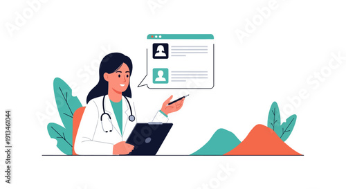 Digital Healthcare Consultation: Female Doctor Managing Telemedicine Patient Records and Online Data in a Modern Flat Vector Illustration