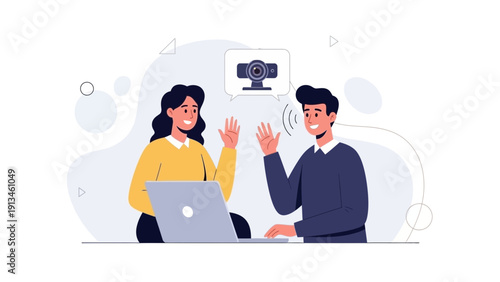 Online Communication: People video calling on laptop, waving hello