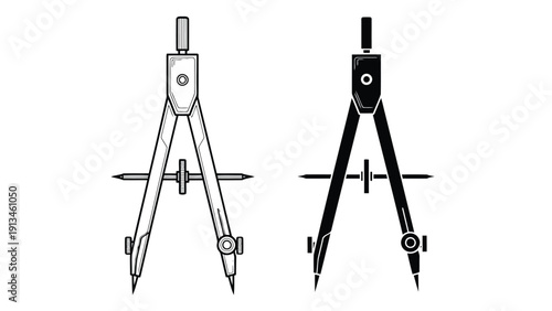 A pair of drafting compasses are shown one white and one black illustrating design and geometry