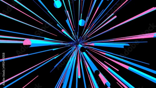 Exploding blue and pink 3D geometric lines and circles on black background