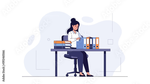 Woman Organizing Files and Folders at Desk, Businesswoman Working in Office