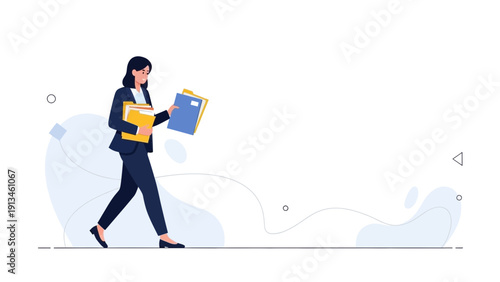 Businesswoman walking with documents and folders, office work, professional career