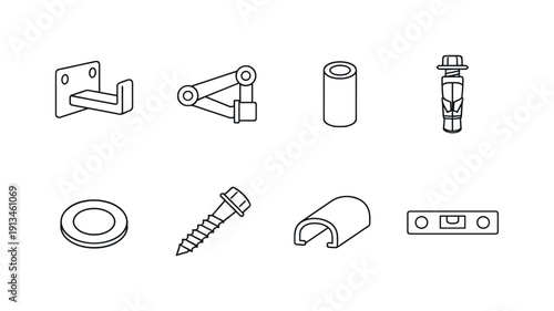 Home device mounting accessories: wall bracket, mounting arm, spacer sleeve, anchor bolt, washer ring, lag screw, cable cover, spirit level.