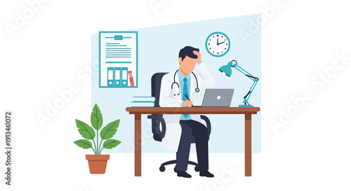 Stressed Doctor Suffering Healthcare Burnout. Tired Physician Overwhelmed by Workload Working Late in Clinic Office.