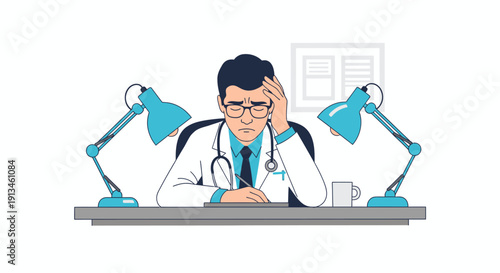 Overworked Doctor Suffering Burnout: Stressed Physician working late at desk, illustrating healthcare mental health crisis and fatigue.