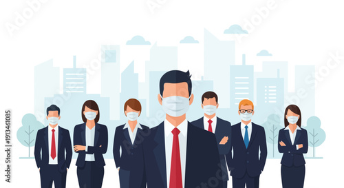 Corporate Team in Face Masks Against City Skyline. Business Professionals Protecting Health, New Normal Workplace Vector Illustration.