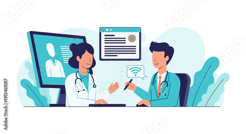 Telemedicine and Digital Health Consultation. Two Doctors Collaborating Online to Review Patient Data and Provide Remote Medical Assistance.
