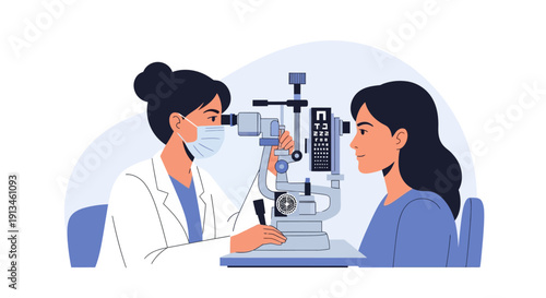 Eye Exam Illustration: Optometrist Checking Patient Vision with Slit Lamp Machine. Ophthalmology and Routine Healthcare Concept Vector.