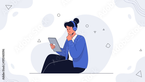 Woman with headphones using tablet, thinking, modern illustration