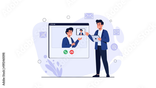 Man Video Conferencing with Colleague on Tablet, Online Meeting Illustration