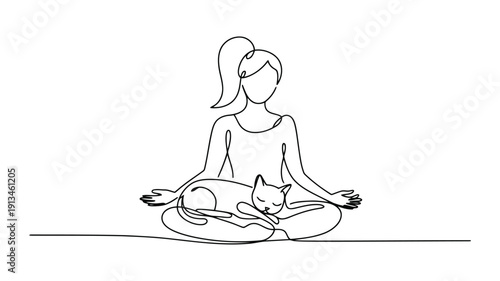 Woman meditating in lotus position with a sleeping cat line black and white female meditation