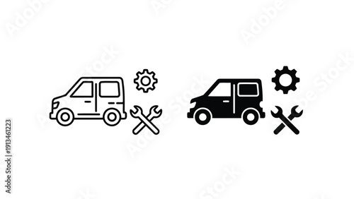 Two vehicle icons are displayed with accompanying repair tools including gears and wrenches