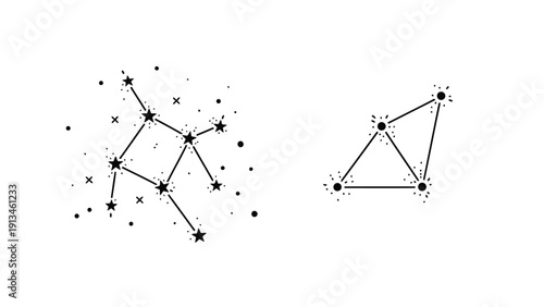 A black and white depiction of two distinct constellations with connected stars against a white background