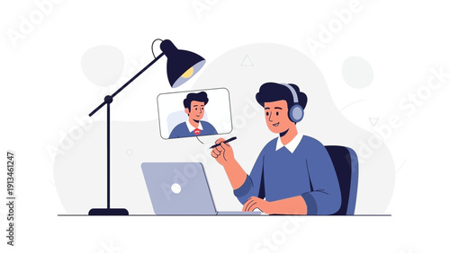 Man with headphones on video call, working from home on laptop