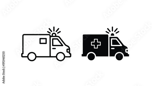 Two black and white depictions of an ambulance with flashing lights a symbol of emergency services
