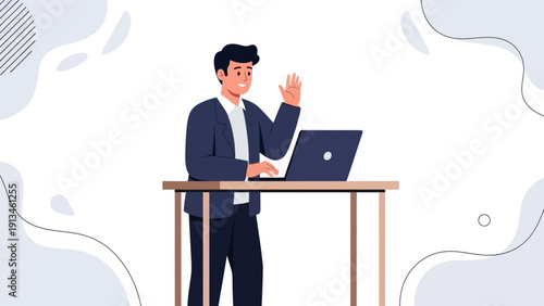 Man waving hello at laptop during online meeting, remote work concept