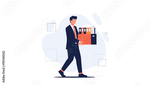 Businessman carrying box with files, leaving office, job loss concept