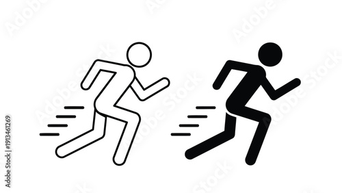 A simple black and white illustration depicts two figures running conveying motion and urgency
