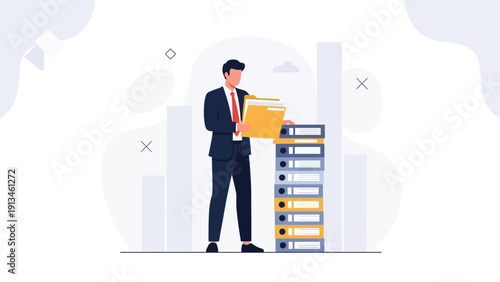 Businessman organizing documents in office with stack of binders, data management concept