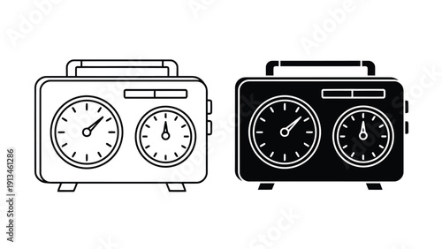 A pair of vintage black and white radio illustrations with dual dials depicting classic communication technology