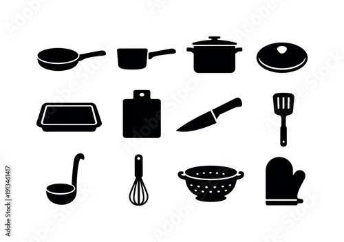 Home kitchen cookware: frying pan, saucepan, stock pot, lid, baking tray, cutting board, chef knife, spatula, ladle, whisk, colander, oven mitt.