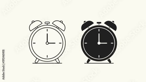 Two contrasting alarm clock illustrations one white outline and one solid black silhouette