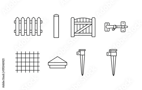 Garden fencing items: fence panel, fence post, gate, latch, hinge, wire mesh, post cap, ground spike.