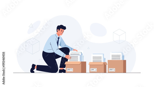 Man Organizing Files and Documents in Cardboard Boxes for Storage or Archiving