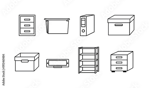 Professional office filing tools: filing cabinet, suspension folder, ring binder, document box, archive crate, label holder, shelving unit, drawer pedestal.