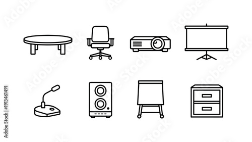 Professional office meeting furniture: conference table, meeting chair, projector, projection screen, table microphone, speaker unit, whiteboard stand, document cabinet.