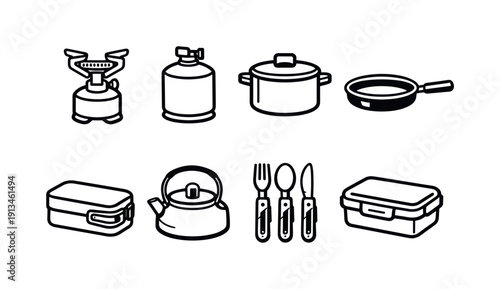 Outdoor camping cooking gear: camping stove, gas canister, cooking pot, frying pan, mess tin, camping kettle, utensil set, food container.