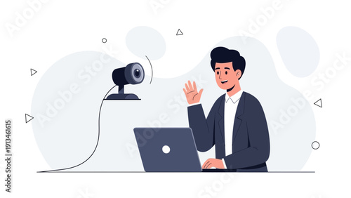 Man waving hello on video call with laptop and webcam, remote work concept