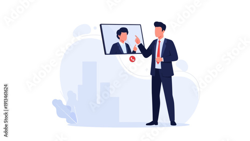 Businessman in Video Conference with Colleague, Remote Business Meeting Illustration