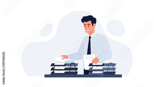 Man Sorting Documents in Office Paper Organizer Trays