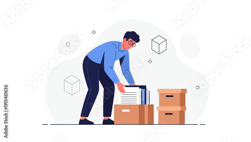 Man Organizing Paperwork in Cardboard Boxes, Office Organization Concept