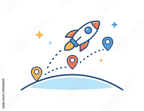 Personal growth and professional progress visualized through exploration and expansion beyond comfort zones, a small rocket smoothly ascending past a minimal planet curve and
