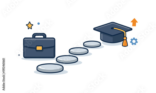Career transition and skill reskilling in a changing job market, a stepping stone path leading from a briefcase to a graduation cap symbolizing professional growth, adaptability,