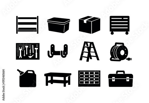 Home garage storage: shelving unit, storage bin, cardboard box, tool cabinet, pegboard panel, wall hook, ladder, extension cord reel, fuel can, workbench, parts organizer, toolbox.