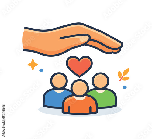 Supportive leadership and employee care in a healthy workplace culture centered on trust and long-term engagement, a guiding hand above a small group icon with a heart symbol as a
