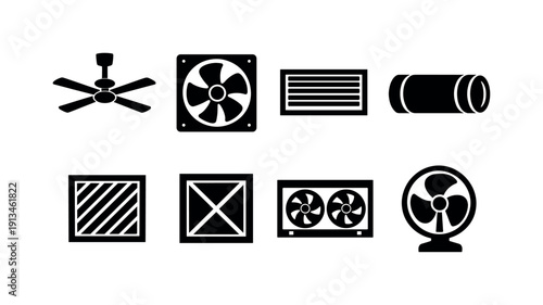 Home ventilation items: ceiling fan, exhaust fan, air vent, air duct, vent cover, air filter, window fan, circulation fan.
