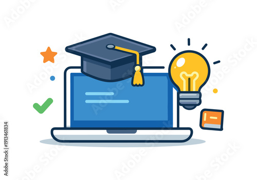 Online education and continuous learning through digital platforms, an open laptop combined with a graduation cap and a light bulb symbolizing skill development and knowledge