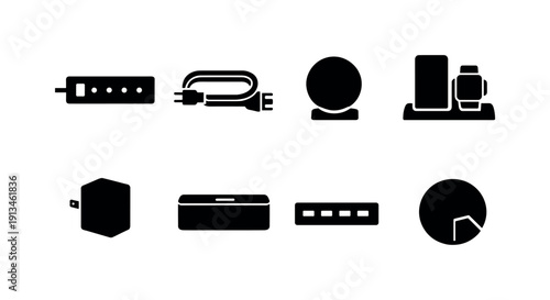 Office desk power setup: power strip, extension cord, wireless charger, charging dock, power adapter, cable box, USB hub, desk grommet.