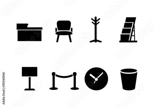 Office reception furniture: reception desk, visitor chair, coat hanger, brochure rack, sign stand, queue barrier, wall clock, waste bin.